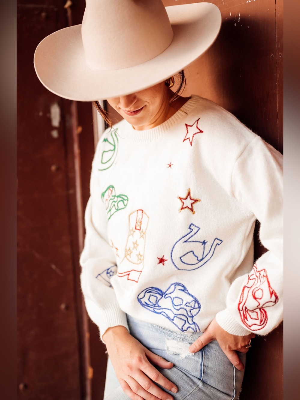 Eloise Raye Howdy Metallic Embroidered Western Cowboy Sweater Cream | Size S - Picture 4 of 13